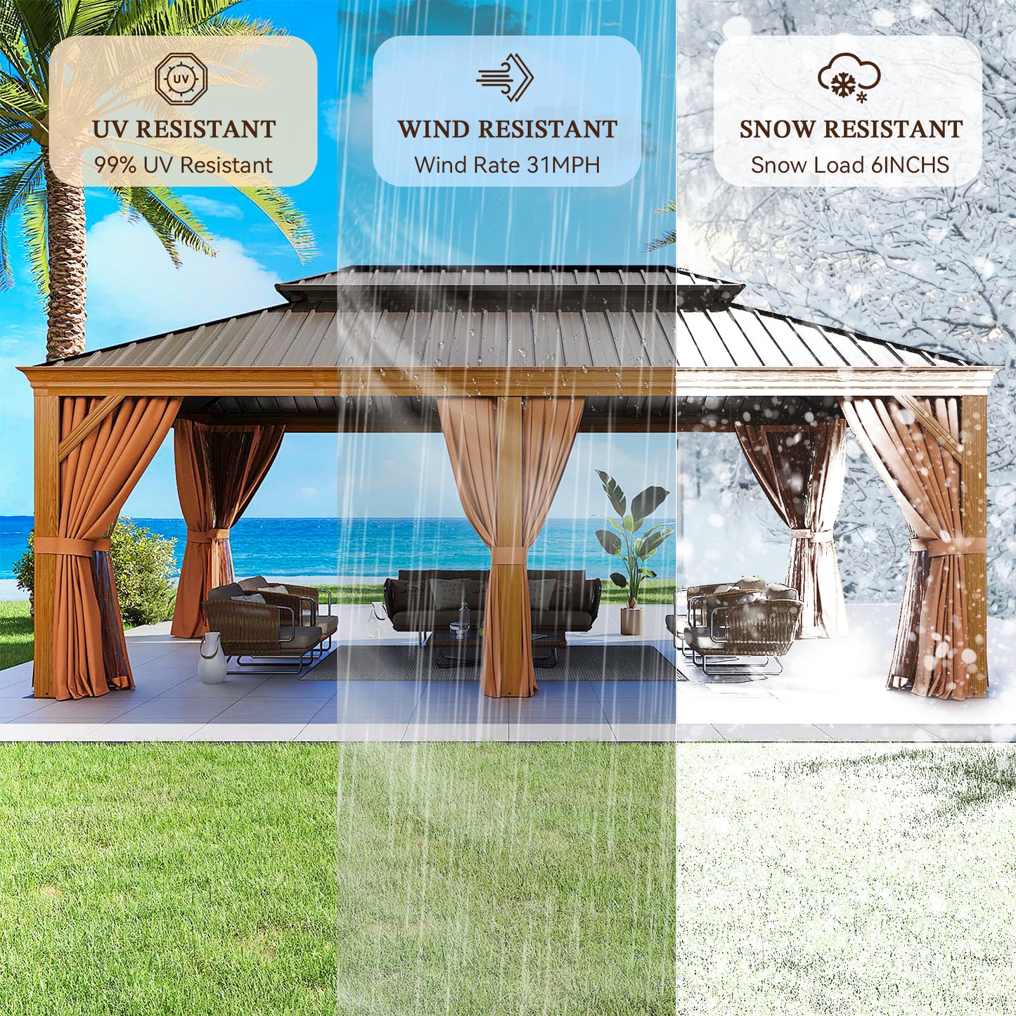 20Ft. W x 12Ft. D Outdoor Cedar Framed Gazebo with Steel Hardtop Permanent Wooden Finished Pavilion