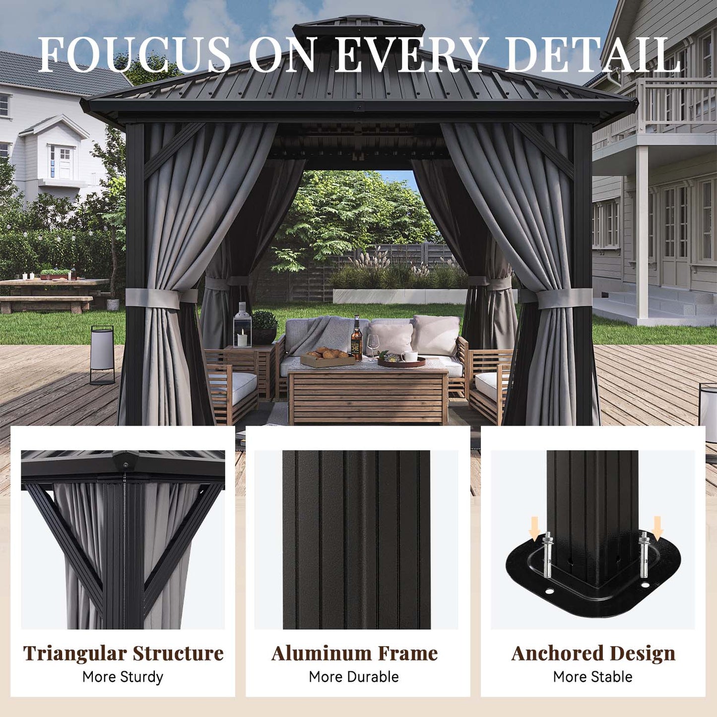 10 Ft. W X 10 Ft. D Aluminum Patio Gazebo With Double Roof