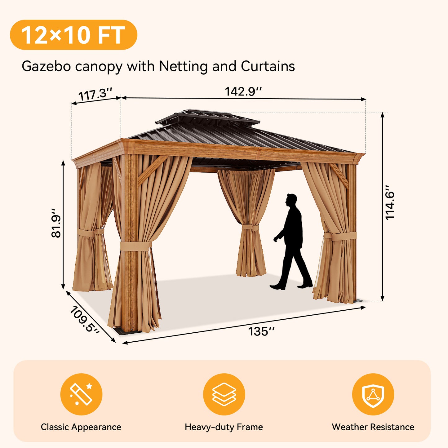 20 Ft. W x 12 Ft. D Aluminum Roof with Galvanized Steel Patio Gazebo