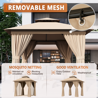8x8 Ft Outdoor Gazebo With Double Roof, Patio Canopy With Mosquito Netting And Curtains, Suitable For Patios, Lawn And Backyard