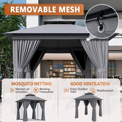 8x8 Ft Outdoor Gazebo With Double Roof, Patio Canopy With Mosquito Netting And Curtains, Suitable For Patios, Lawn And Backyard