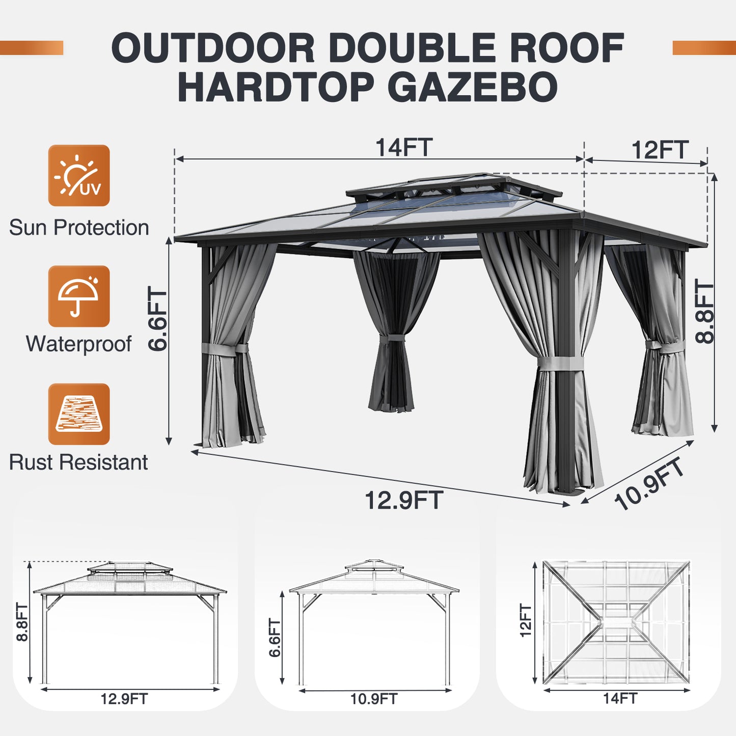 14 Ft. W X 12 Ft. Daluminum Patio Gazebo
