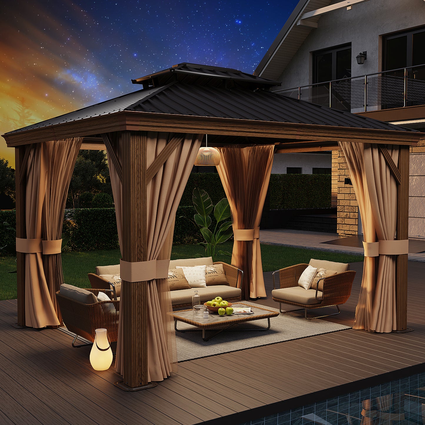 12Ft. W x 10Ft. D Outdoor Cedar Framed Gazebo with Steel Hardtop Permanent Wooden Finished Pavilion