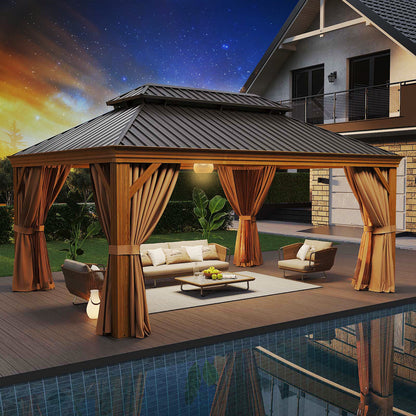 16Ft. W x 12Ft. D Outdoor Cedar Framed Gazebo with Steel Hardtop Permanent Wooden Finished Pavilion
