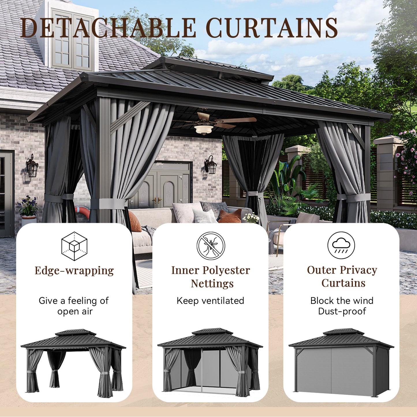 14 Ft. W X 10 Ft. D Patio Gazebo With Double Roof