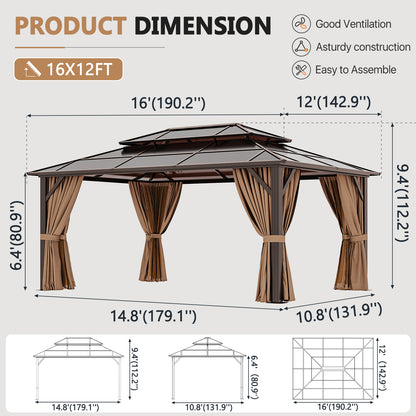 Outdoor Patio Gazebo with Hardtop Double Roof