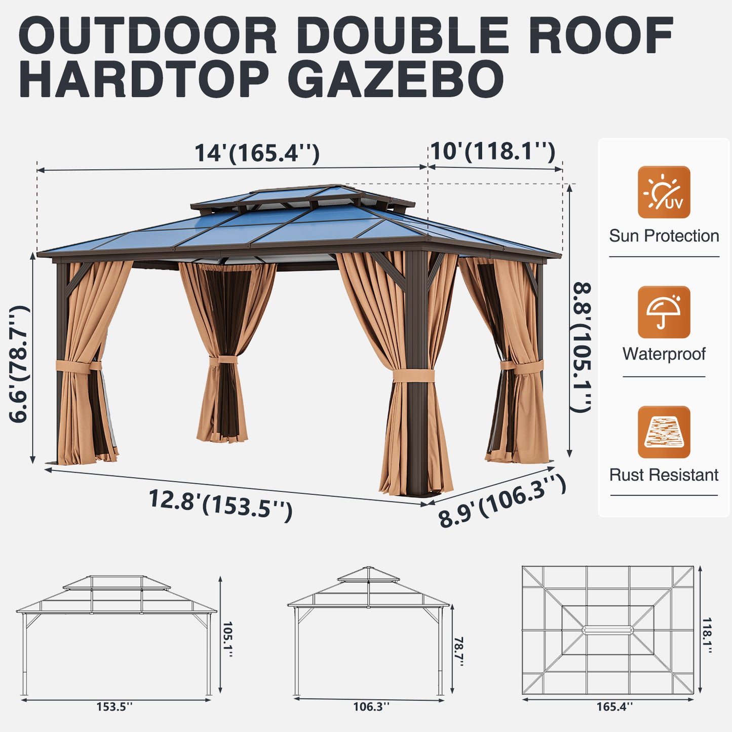 14 Ft X 10 Ft Aluminum Patio Hardtop Gazebo