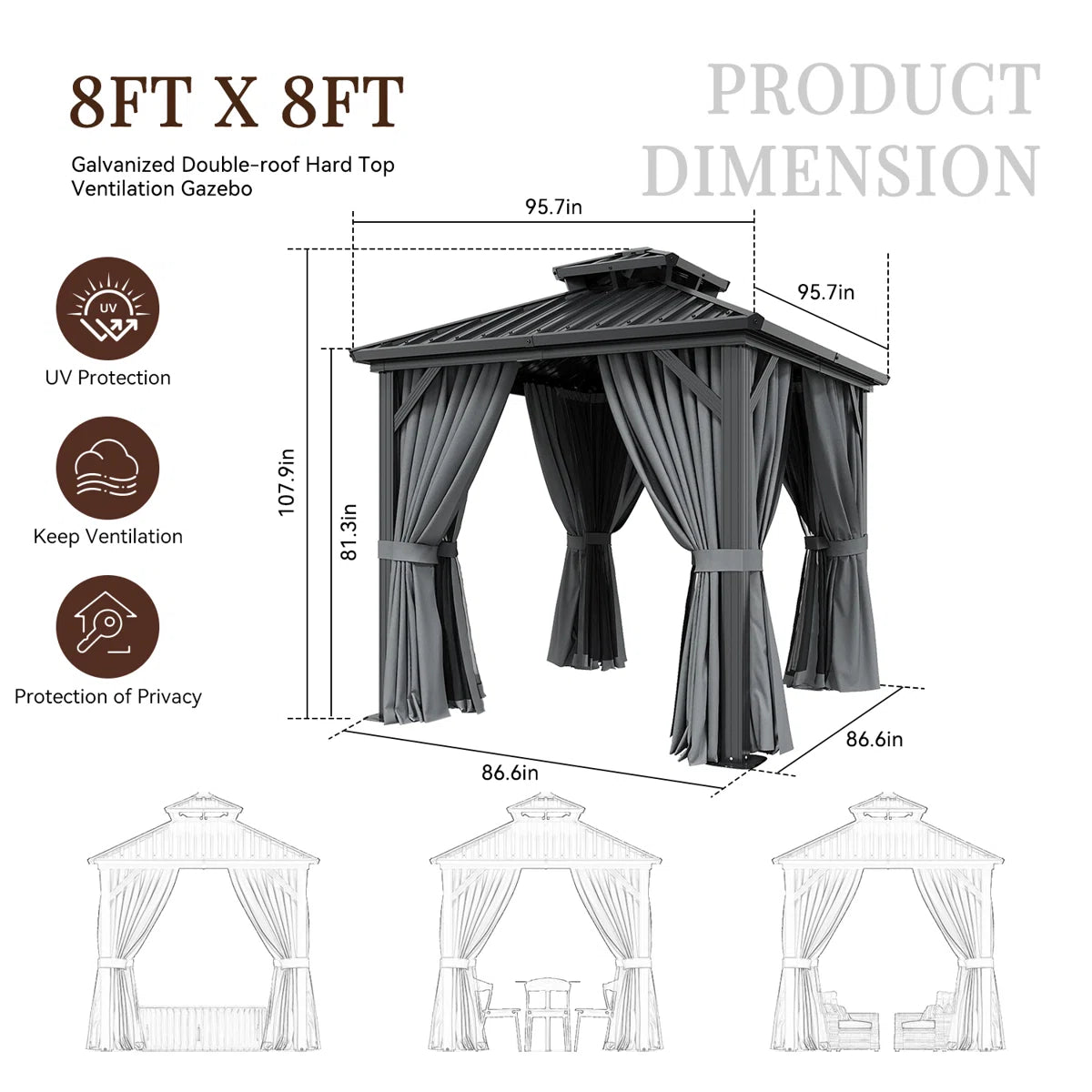 8 Ft. W x 8 Ft. D Metal Patio Gazebo