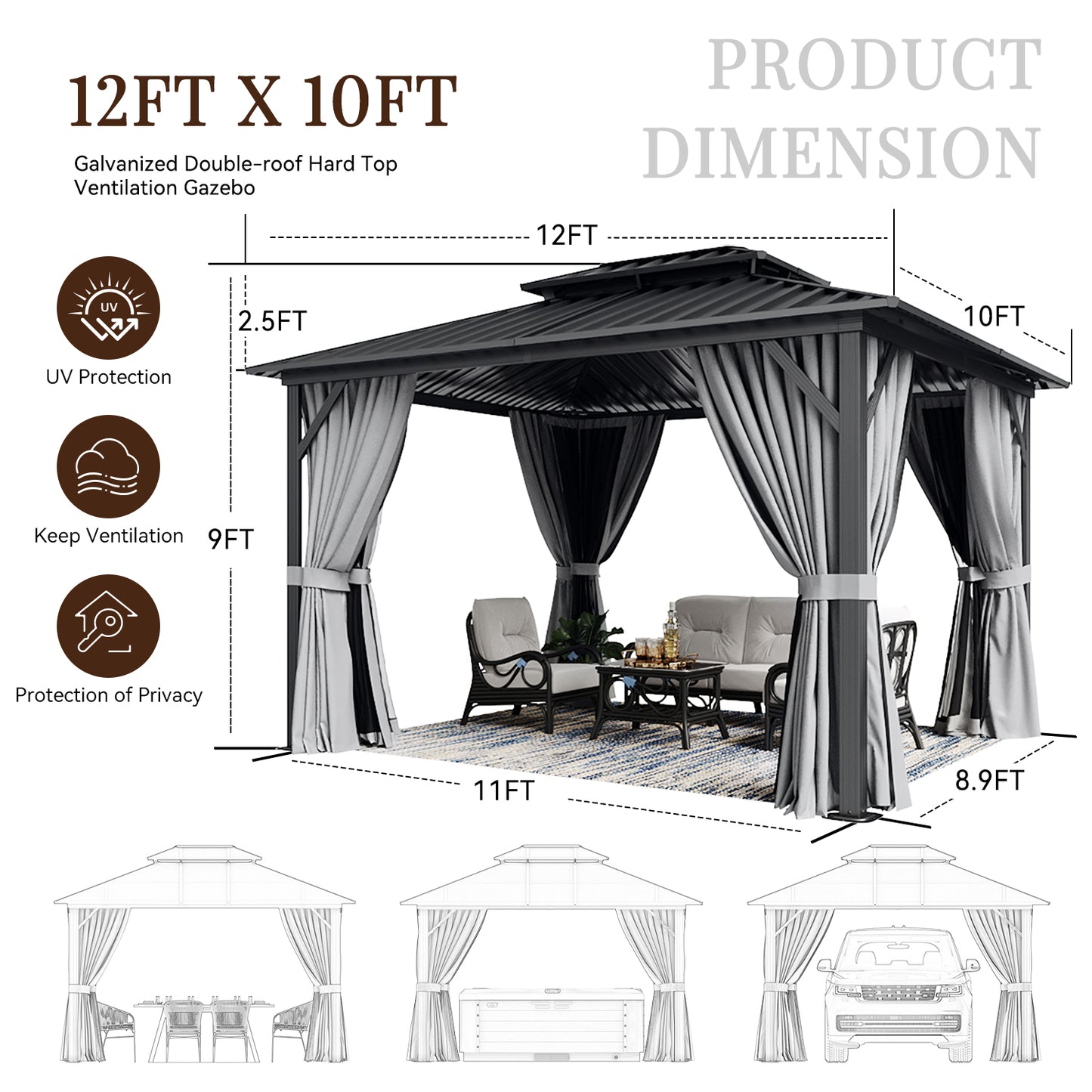 12 Ft. W x 10 Ft. D Aluminum Patio Gazebo