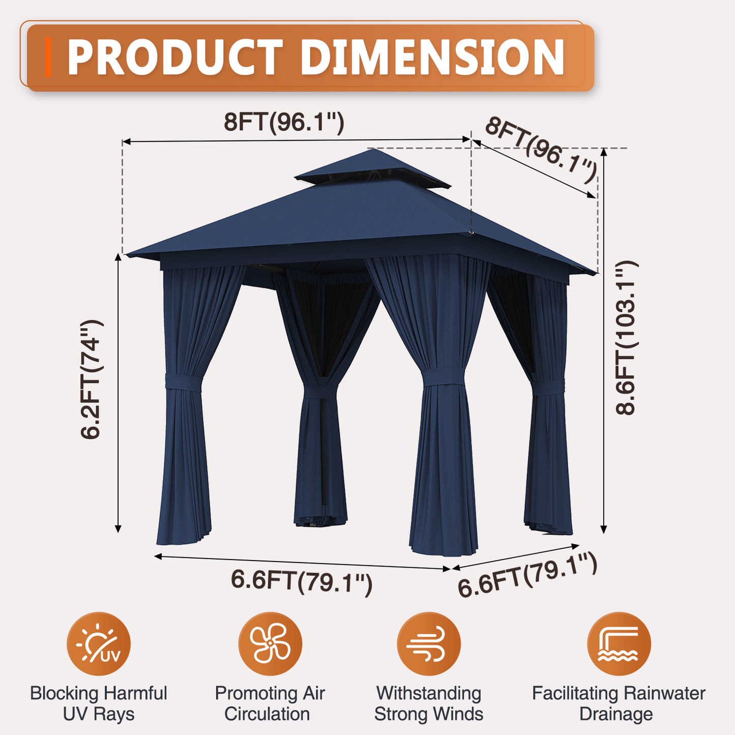 8x8 Ft Outdoor Gazebo With Double Roof, Patio Canopy With Mosquito Netting And Curtains, Suitable For Patios, Lawn And Backyard