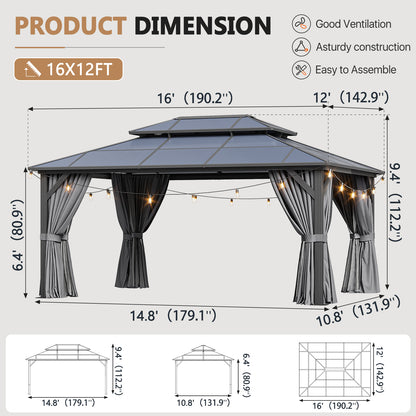 16 Ft. W X 12 Ft. D Metal Patio Gazebo With String Lights