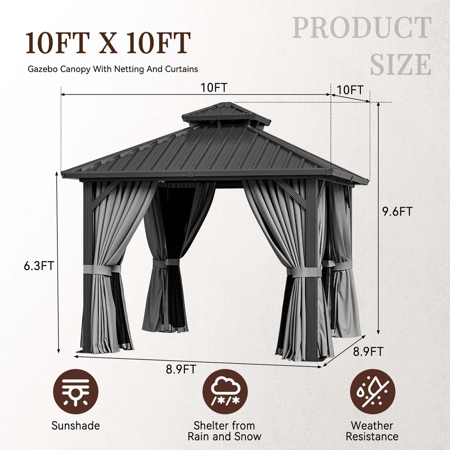 10 Ft. W X 10 Ft. D Aluminum Patio Gazebo With Double Roof