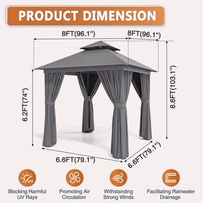8x8 Ft Outdoor Gazebo With Double Roof, Patio Canopy With Mosquito Netting And Curtains, Suitable For Patios, Lawn And Backyard