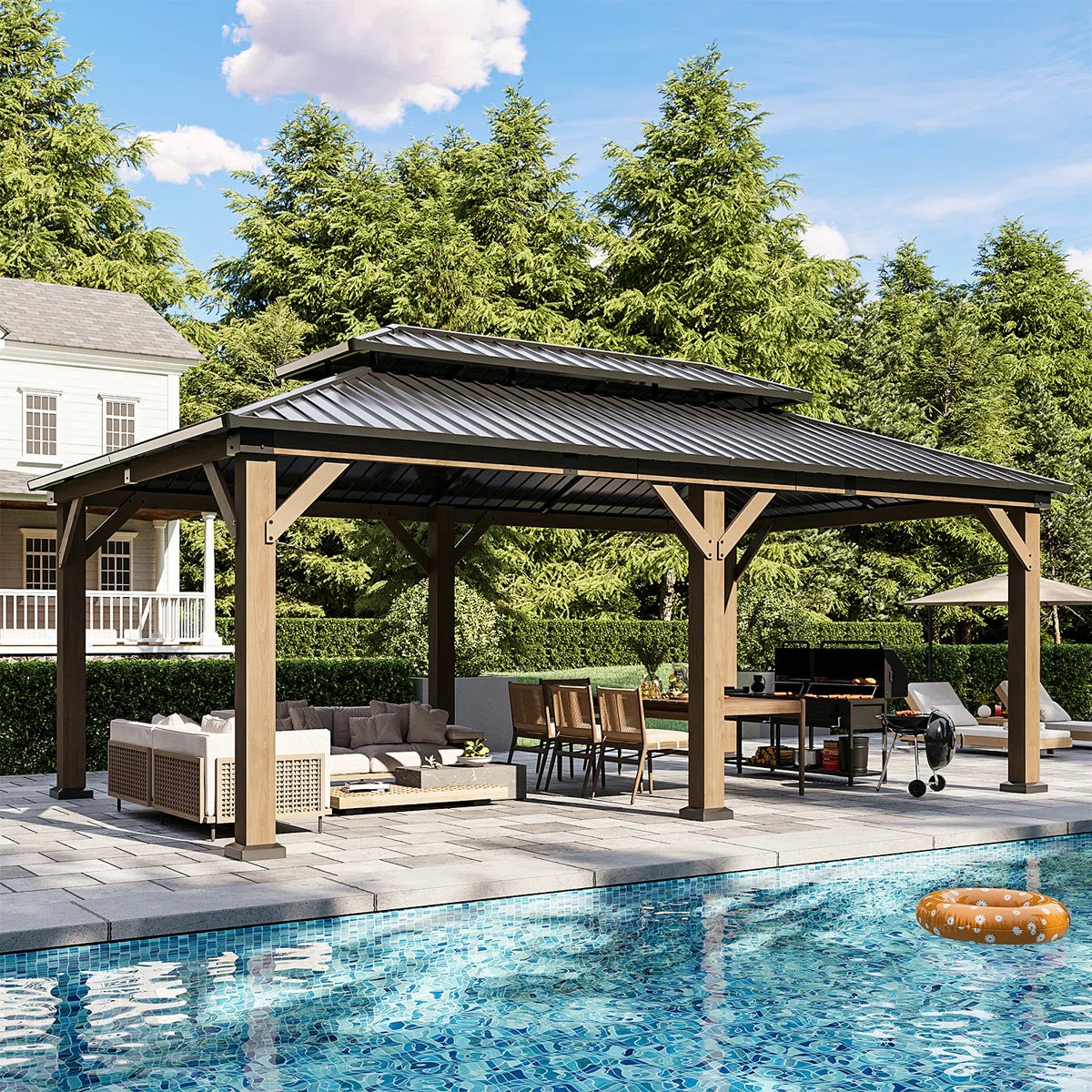 Jolydale Soild Wood Gazebo, Hardtop Gazebo With Galvanized Steel Double Roof, Suitable For Patios, Lawn And Backyard