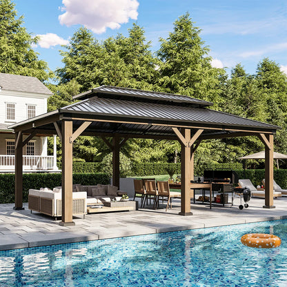 Jolydale Soild Wood Gazebo, Hardtop Gazebo With Galvanized Steel Double Roof, Suitable For Patios, Lawn And Backyard