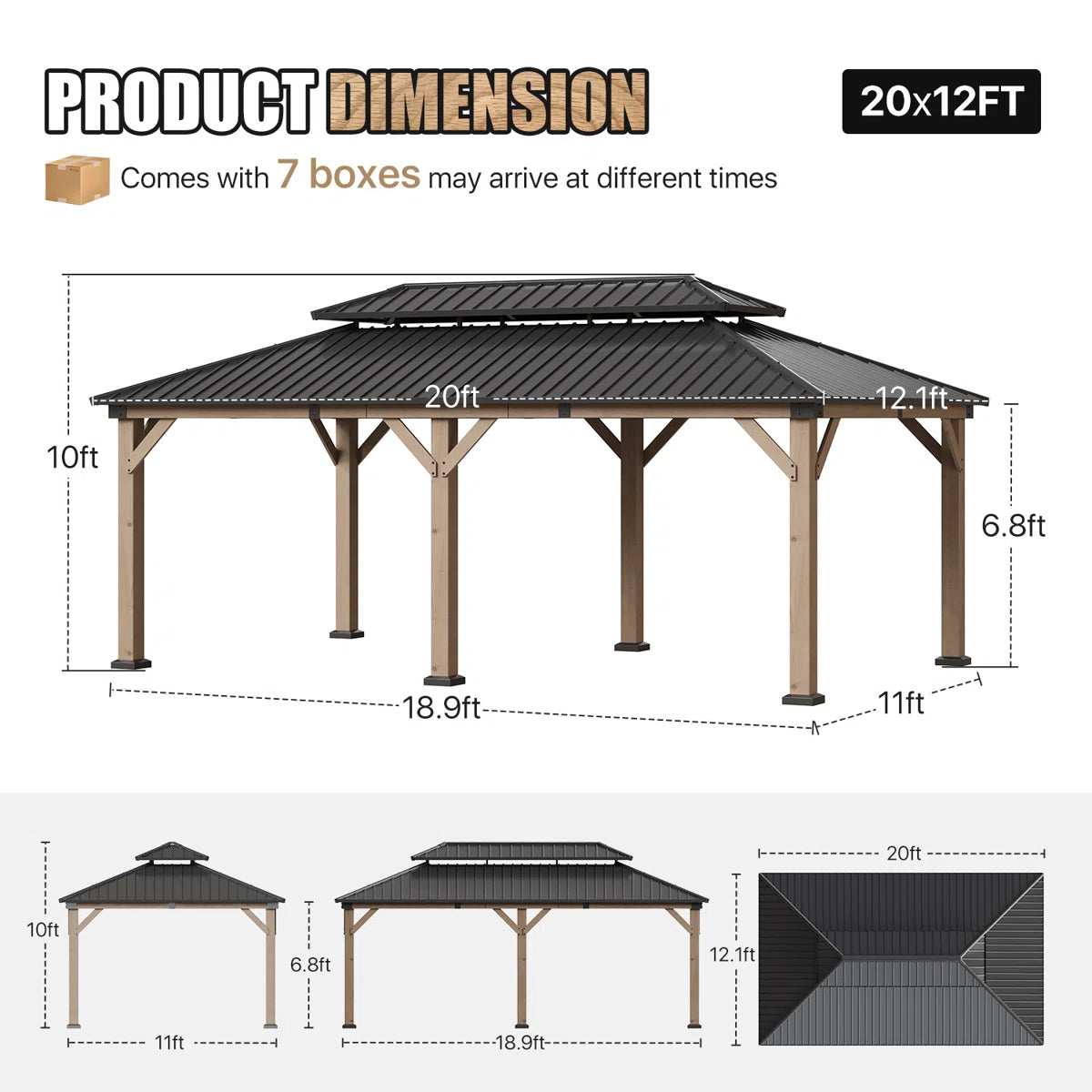 Jolydale Soild Wood Gazebo, Hardtop Gazebo With Galvanized Steel Double Roof, Suitable For Patios, Lawn And Backyard