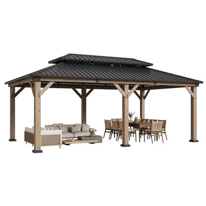 Jolydale Soild Wood Gazebo, Hardtop Gazebo With Galvanized Steel Double Roof, Suitable For Patios, Lawn And Backyard