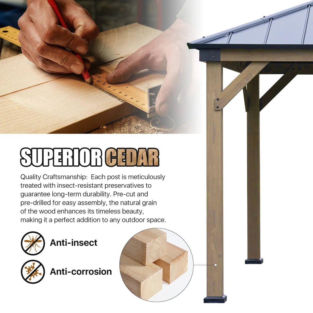 Jolydale Soild Wood Gazebo, Hardtop Gazebo With Galvanized Steel Double Roof, Suitable For Patios, Lawn And Backyard