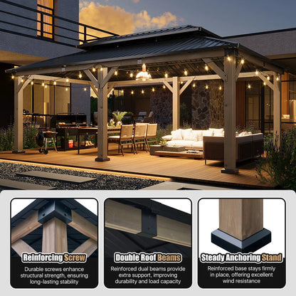 Jolydale Soild Wood Gazebo, Hardtop Gazebo With Galvanized Steel Double Roof, Suitable For Patios, Lawn And Backyard