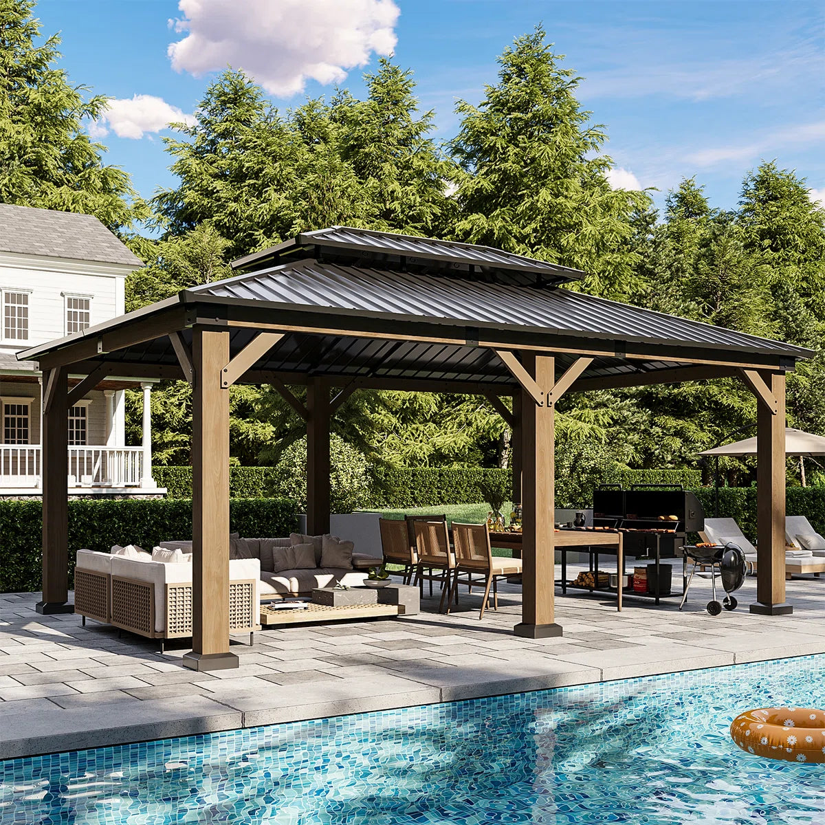 Jolydale 12x16ft. Soild Wood Gazebo, Hardtop Gazebo With Galvanized Steel Double Roof, Suitable For Patios, Lawn And Backyard