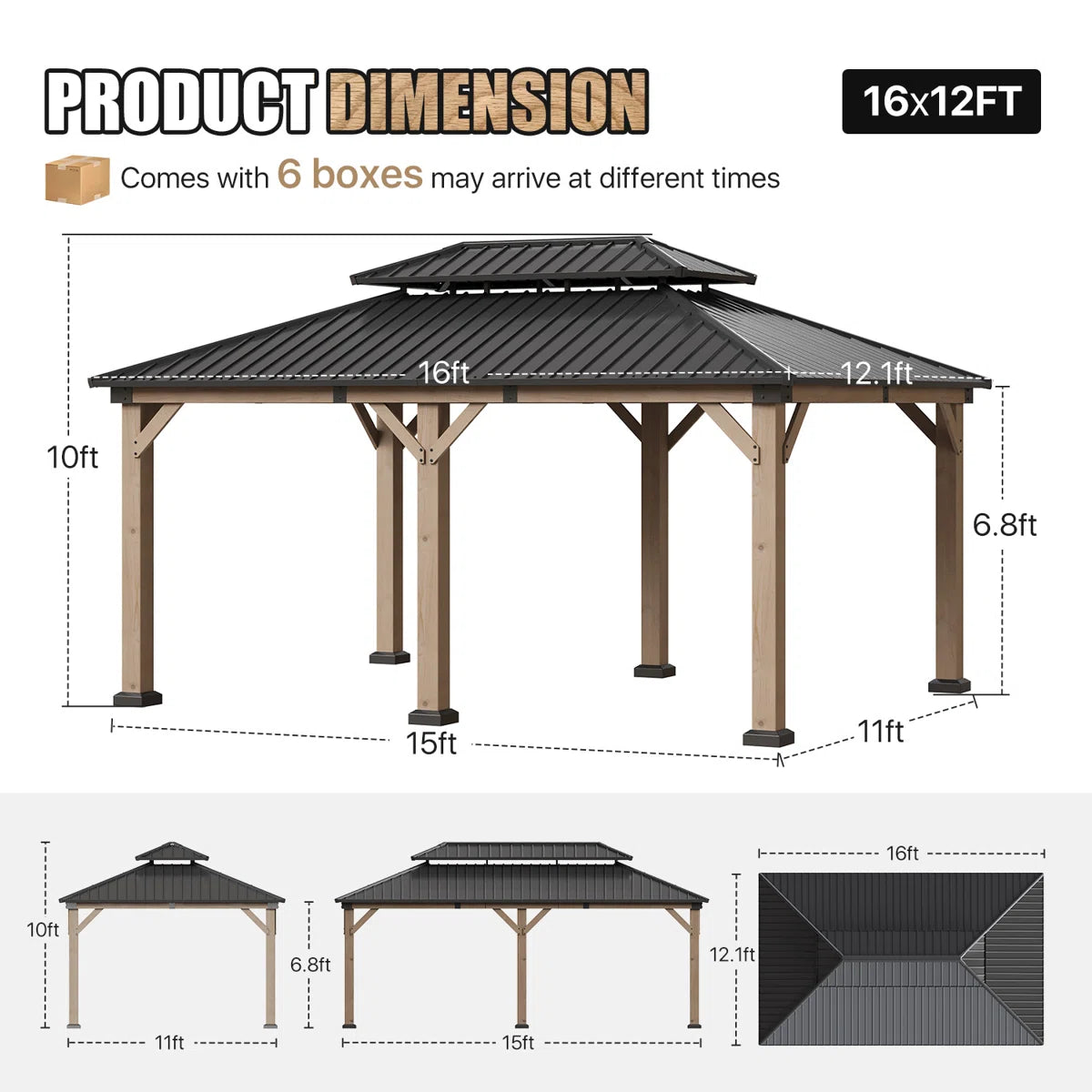 Jolydale 12x16ft. Soild Wood Gazebo, Hardtop Gazebo With Galvanized Steel Double Roof, Suitable For Patios, Lawn And Backyard