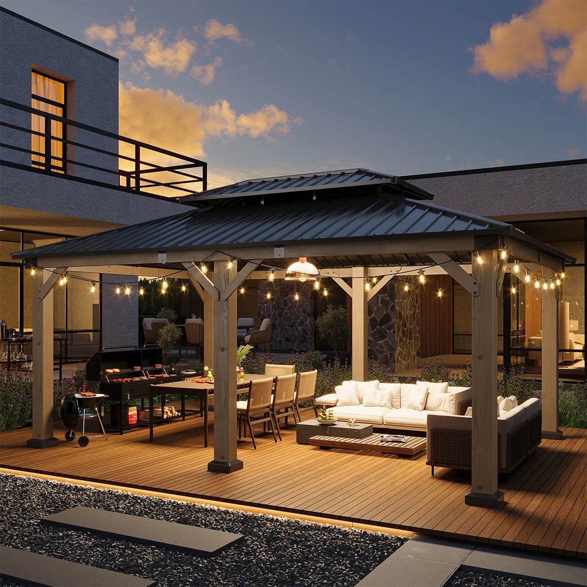 Jolydale 12x16ft. Soild Wood Gazebo, Hardtop Gazebo With Galvanized Steel Double Roof, Suitable For Patios, Lawn And Backyard