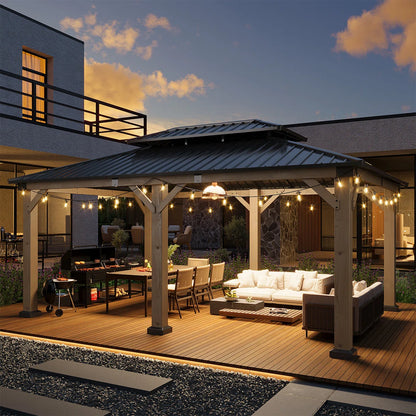 Jolydale 12x16ft. Soild Wood Gazebo, Hardtop Gazebo With Galvanized Steel Double Roof, Suitable For Patios, Lawn And Backyard