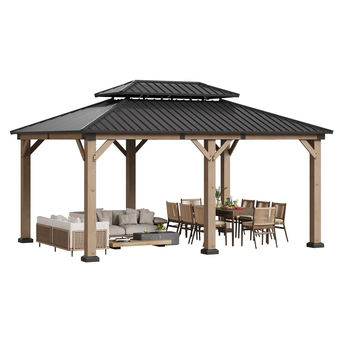 Jolydale 12x16ft. Soild Wood Gazebo, Hardtop Gazebo With Galvanized Steel Double Roof, Suitable For Patios, Lawn And Backyard