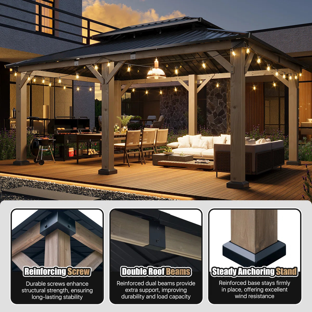 Jolydale 12x16ft. Soild Wood Gazebo, Hardtop Gazebo With Galvanized Steel Double Roof, Suitable For Patios, Lawn And Backyard