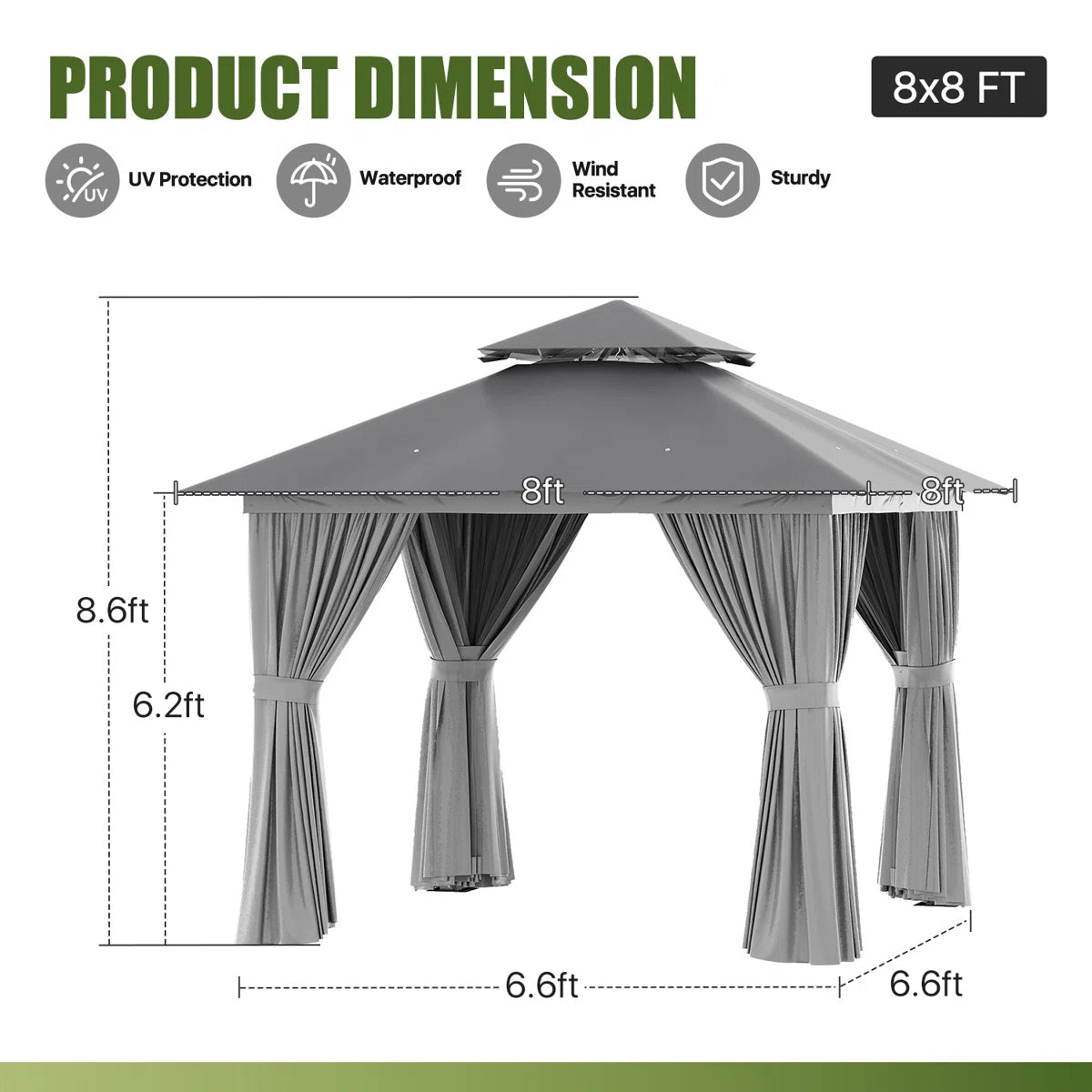 Jolydale 8x8 Ft Outdoor Gazebo With Double Roof, Patio Canopy With Mosquito Netting And Curtains, Suitable For Patios, Lawn And Backyard