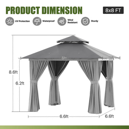 Jolydale 8x8 Ft Outdoor Gazebo With Double Roof, Patio Canopy With Mosquito Netting And Curtains, Suitable For Patios, Lawn And Backyard