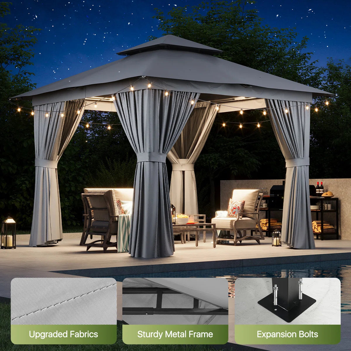 Jolydale 8x8 Ft Outdoor Gazebo With Double Roof, Patio Canopy With Mosquito Netting And Curtains, Suitable For Patios, Lawn And Backyard