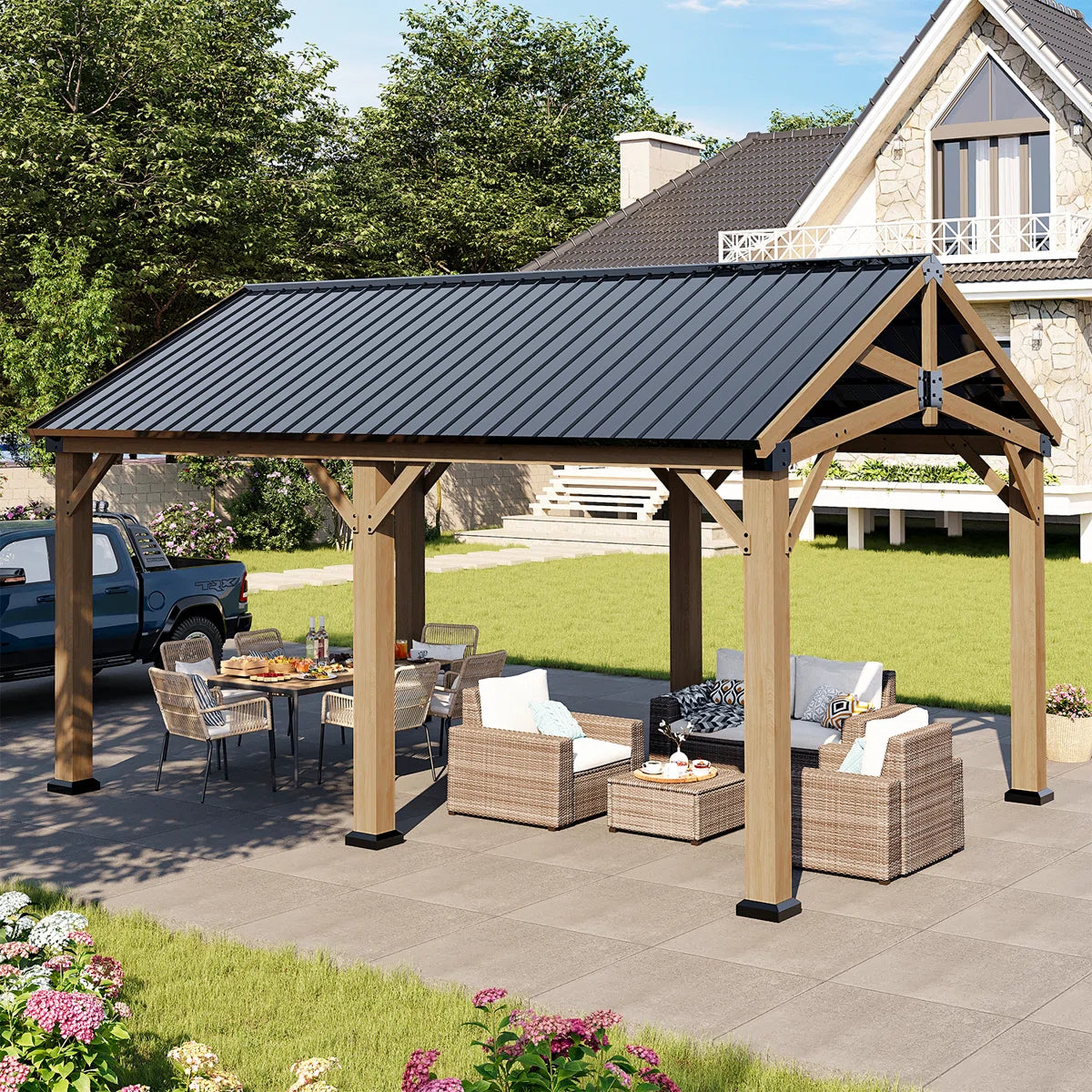 Jolydale Soild Wood Frame Hardtop Gazebo With Galvanized Steel Peak Roof, Suitable For Patios, Lawn And Backyard