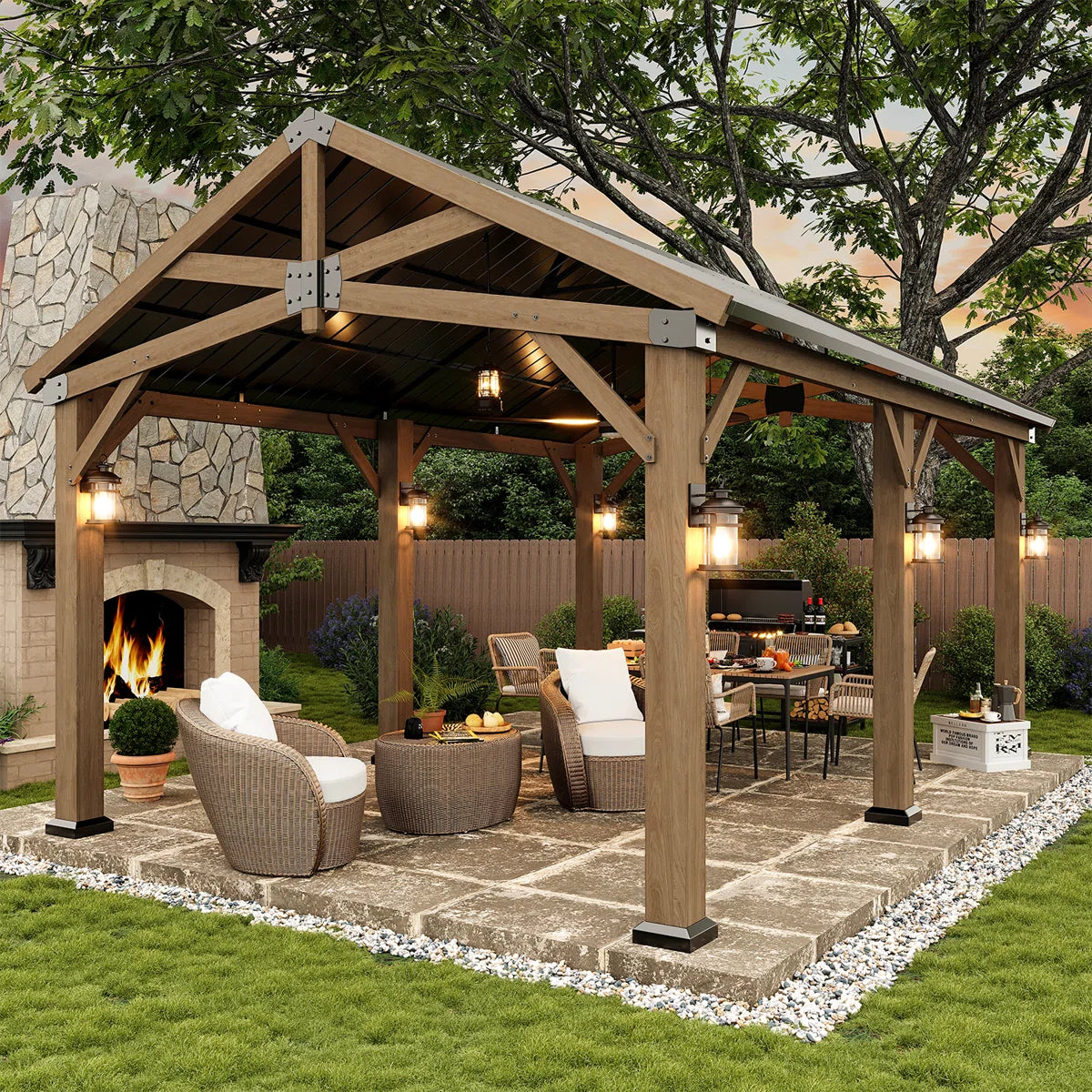 Jolydale Soild Wood Frame Hardtop Gazebo With Galvanized Steel Peak Roof, Suitable For Patios, Lawn And Backyard