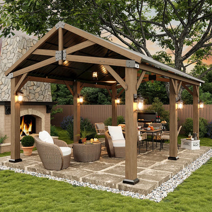 Jolydale Soild Wood Frame Hardtop Gazebo With Galvanized Steel Peak Roof, Suitable For Patios, Lawn And Backyard