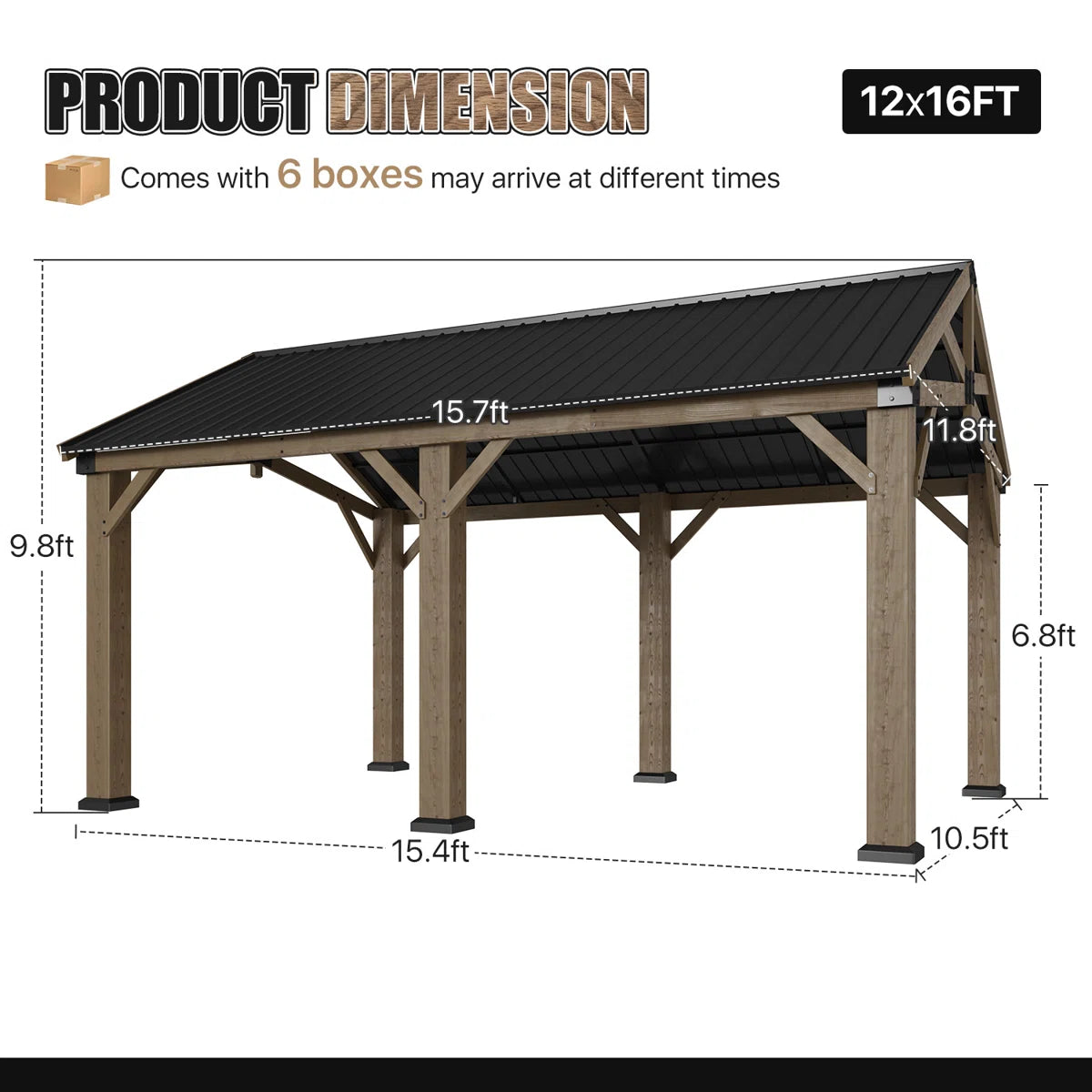 Jolydale Soild Wood Frame Hardtop Gazebo With Galvanized Steel Peak Roof, Suitable For Patios, Lawn And Backyard