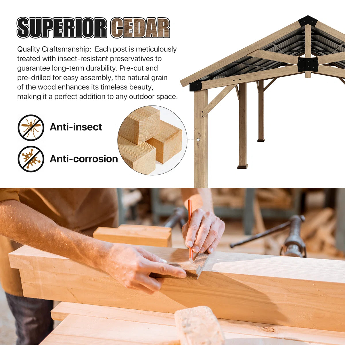 Jolydale Soild Wood Frame Hardtop Gazebo With Galvanized Steel Peak Roof, Suitable For Patios, Lawn And Backyard