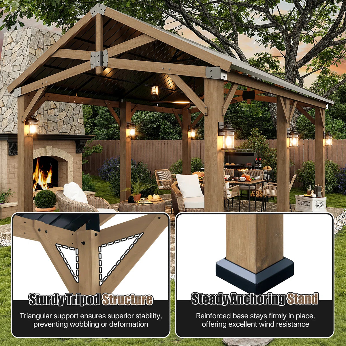Jolydale Soild Wood Frame Hardtop Gazebo With Galvanized Steel Peak Roof, Suitable For Patios, Lawn And Backyard