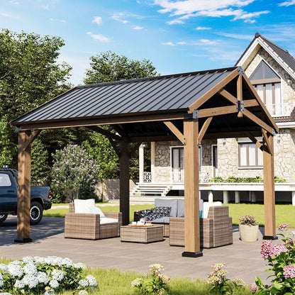 Jolydale Soild Wood Frame Hardtop Gazebo With Galvanized Steel Peak Roof, Suitable For Patios, Lawn And Backyard