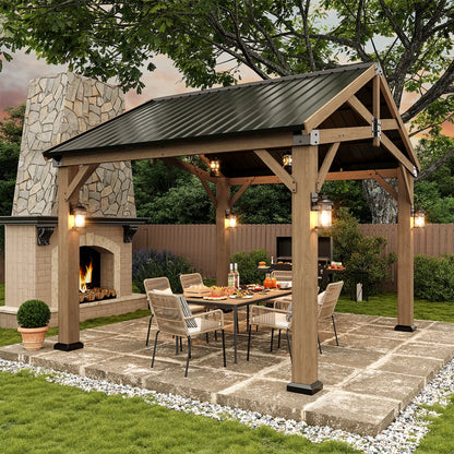 Jolydale Soild Wood Frame Hardtop Gazebo With Galvanized Steel Peak Roof, Suitable For Patios, Lawn And Backyard