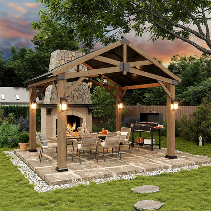 Jolydale Soild Wood Frame Hardtop Gazebo With Galvanized Steel Peak Roof, Suitable For Patios, Lawn And Backyard