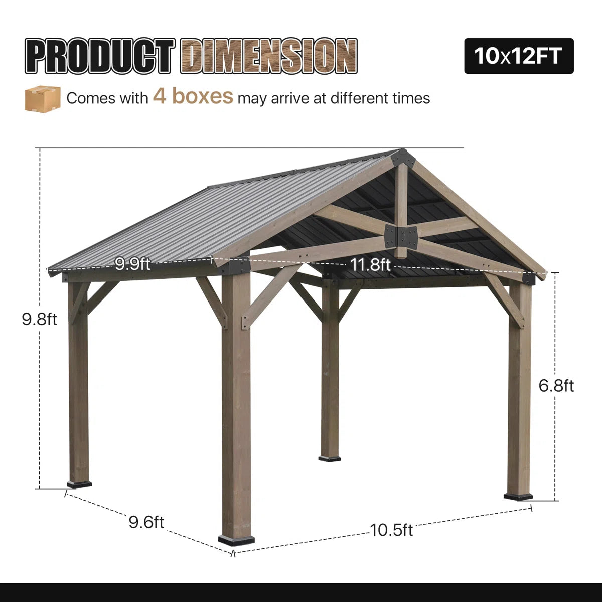 Jolydale Soild Wood Frame Hardtop Gazebo With Galvanized Steel Peak Roof, Suitable For Patios, Lawn And Backyard