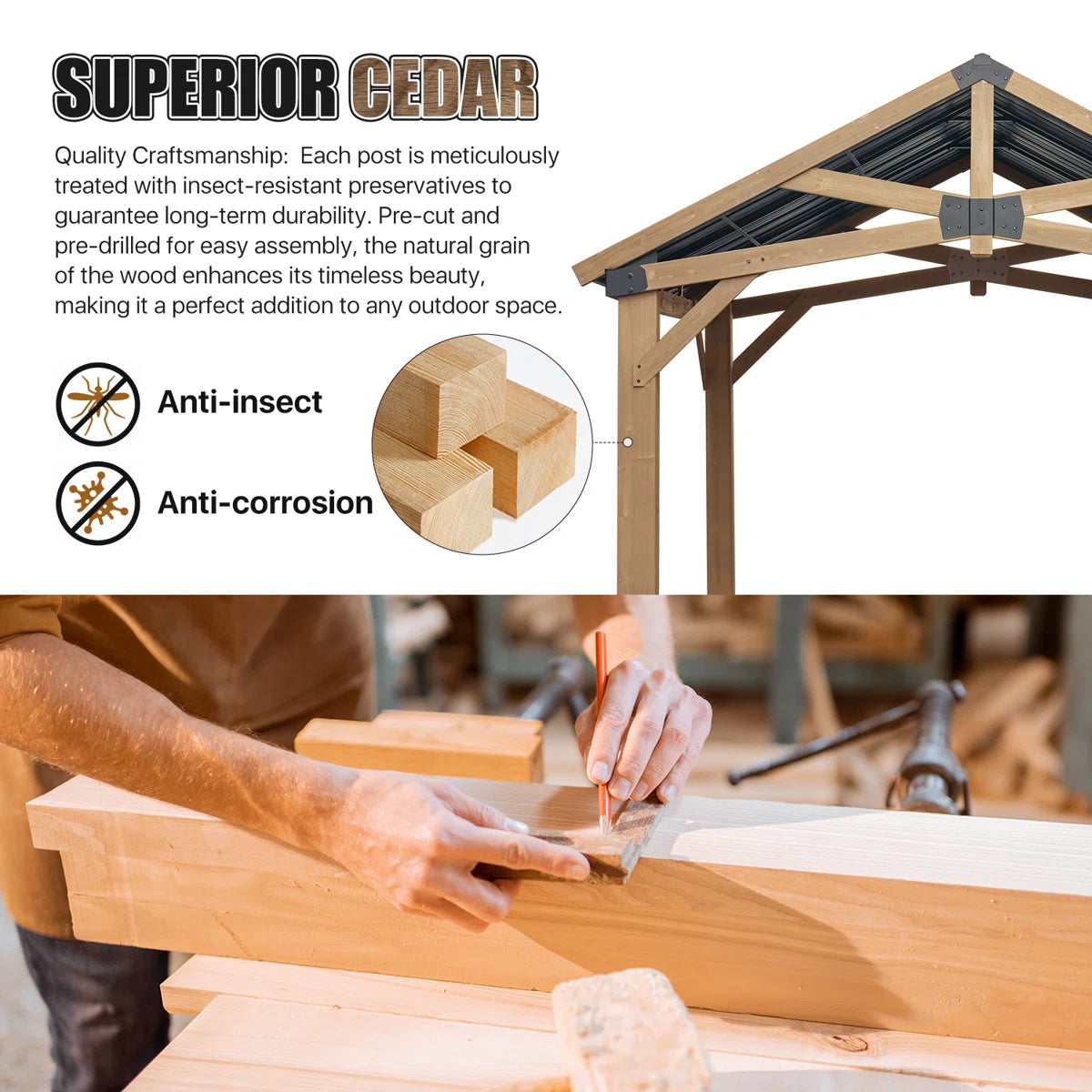 Jolydale Soild Wood Frame Hardtop Gazebo With Galvanized Steel Peak Roof, Suitable For Patios, Lawn And Backyard