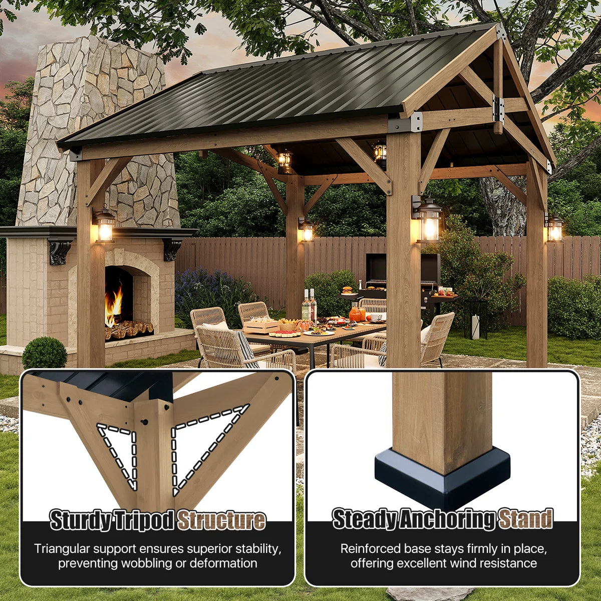 Jolydale Soild Wood Frame Hardtop Gazebo With Galvanized Steel Peak Roof, Suitable For Patios, Lawn And Backyard