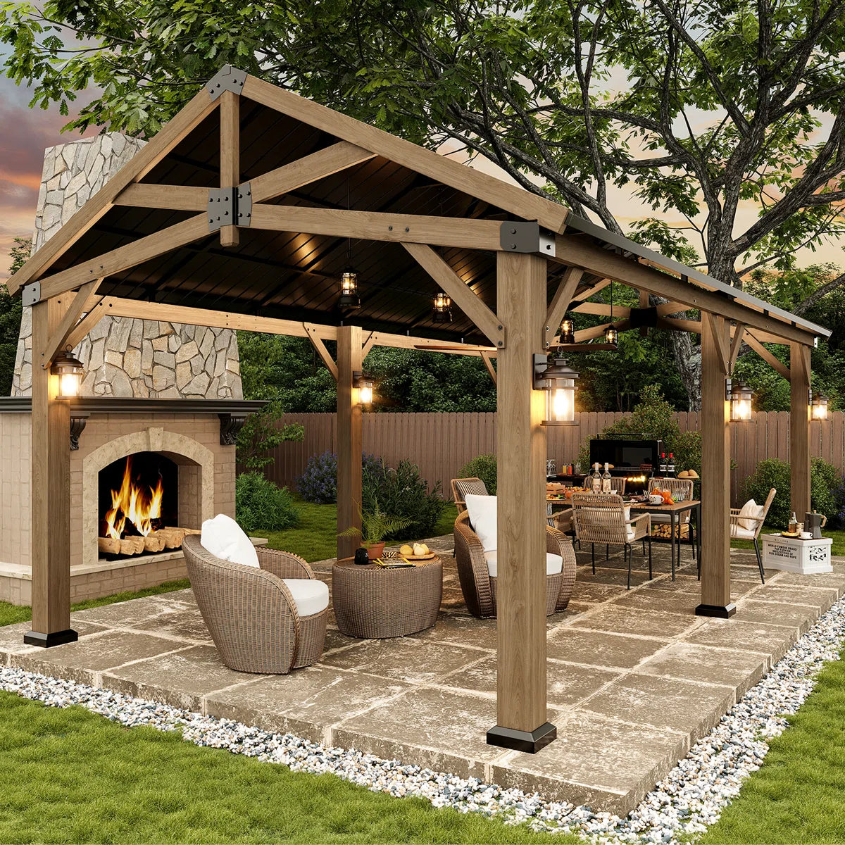 Jolydale Soild Wood Frame Hardtop Gazebo With Galvanized Steel Peak Roof, Suitable For Patios, Lawn And Backyard