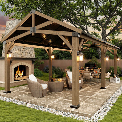 Jolydale Soild Wood Frame Hardtop Gazebo With Galvanized Steel Peak Roof, Suitable For Patios, Lawn And Backyard