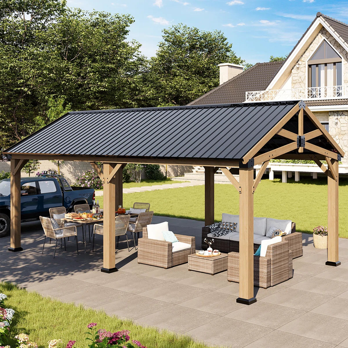 Jolydale Soild Wood Frame Hardtop Gazebo With Galvanized Steel Peak Roof, Suitable For Patios, Lawn And Backyard