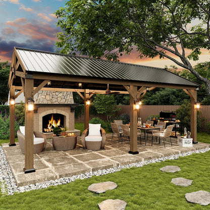Jolydale Soild Wood Frame Hardtop Gazebo With Galvanized Steel Peak Roof, Suitable For Patios, Lawn And Backyard