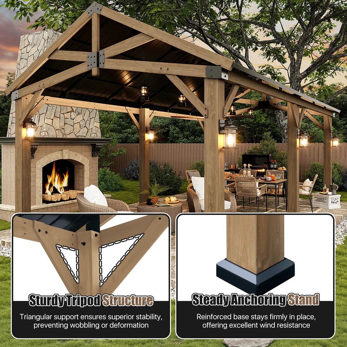 Jolydale Soild Wood Frame Hardtop Gazebo With Galvanized Steel Peak Roof, Suitable For Patios, Lawn And Backyard