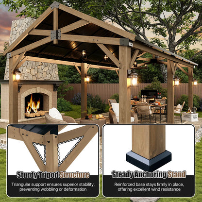 Jolydale Soild Wood Frame Hardtop Gazebo With Galvanized Steel Peak Roof, Suitable For Patios, Lawn And Backyard